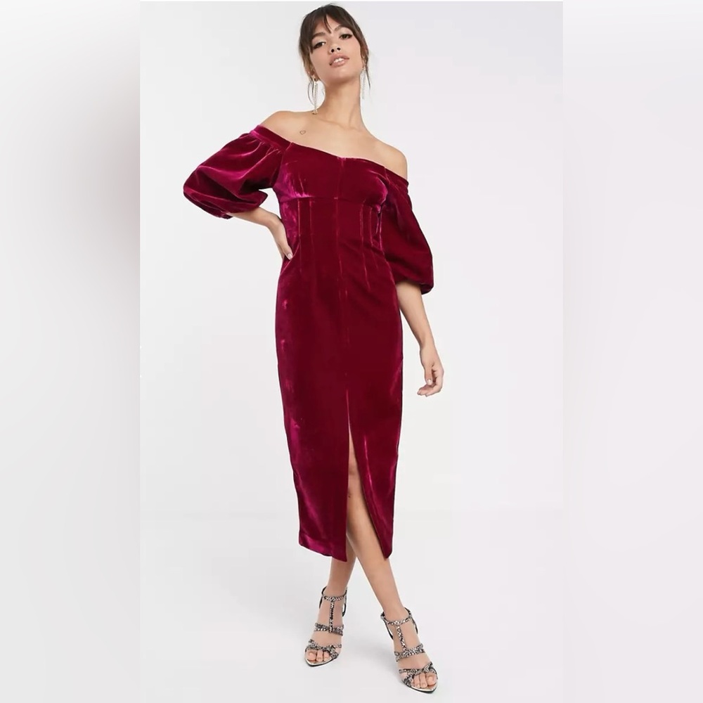 ASOS Velvet Off Shoulder Puff Sleeve Dress